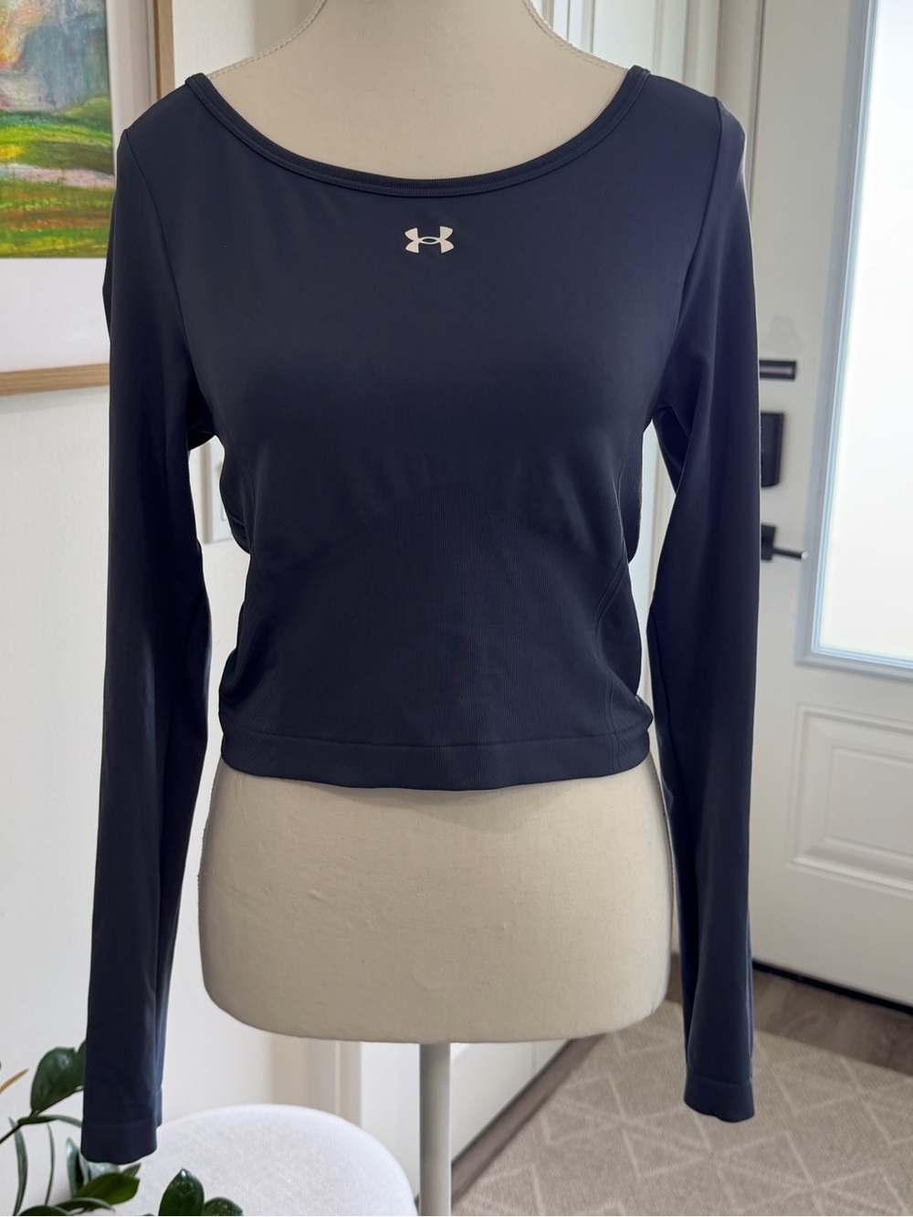 Under‎ Armour Seamless Crop Long Sleeve Top Navy Blue Underbust Ribbed Knit